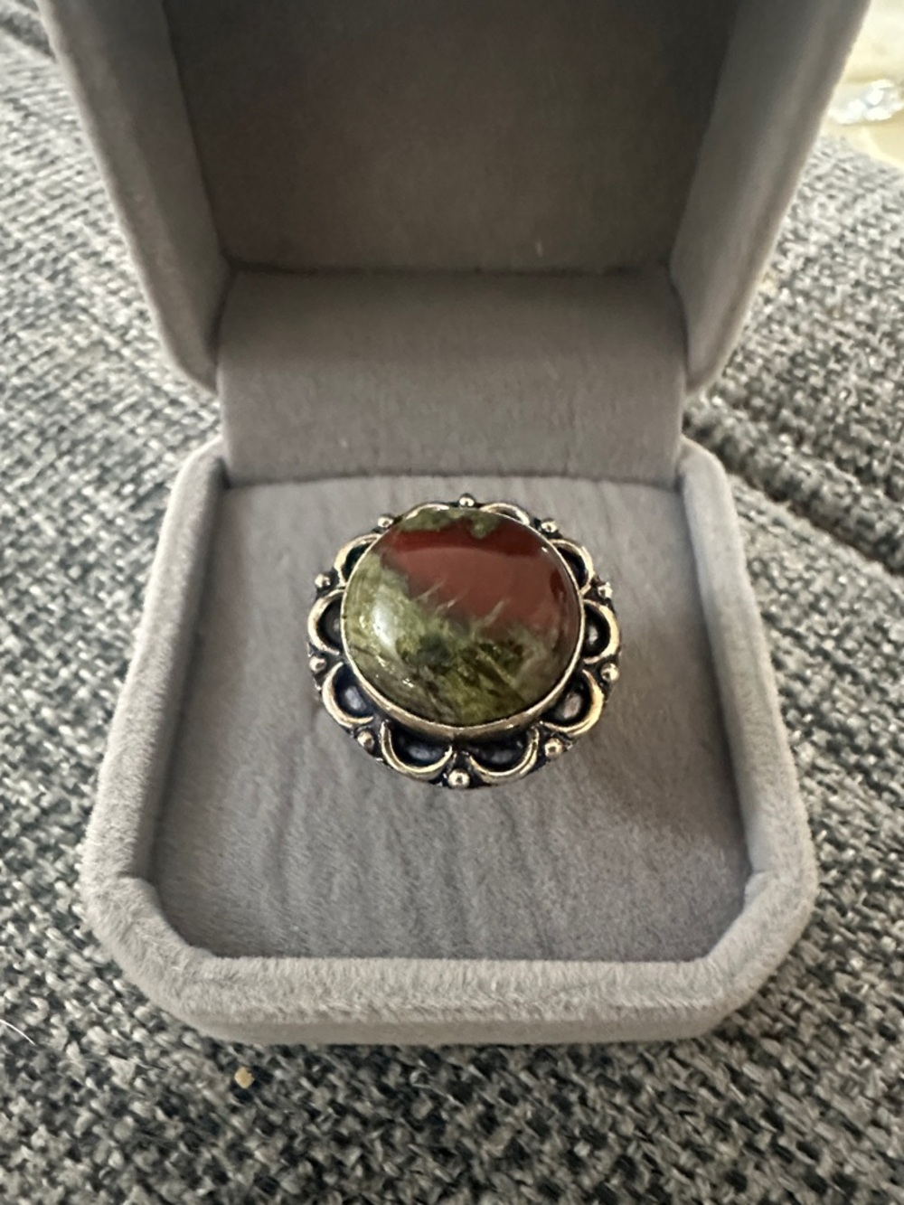 Sterling Silver Ring with Green and Brown Dragons Blood Jasper Stone Size 10